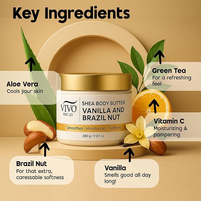 Vivo Per Lei Shea Body Butter with Brazilnut & Vanilla, Enriched with Hyaluronic Acid, Vitamin C, & Aloe Vera For Dry Skin, Pack Of 1, 9.87 Oz