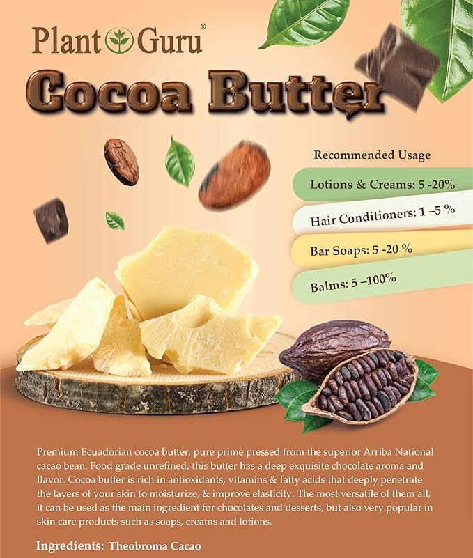 Plant Guru Raw Cocoa Butter 2 lbs. Bar - 100% Pure Natural Unrefined FOOD GRADE Arriba Nacional Cacao Bean, Great For Chocolate Making, Soap, Lip Balm and Moisturizer For DIY Body Butters