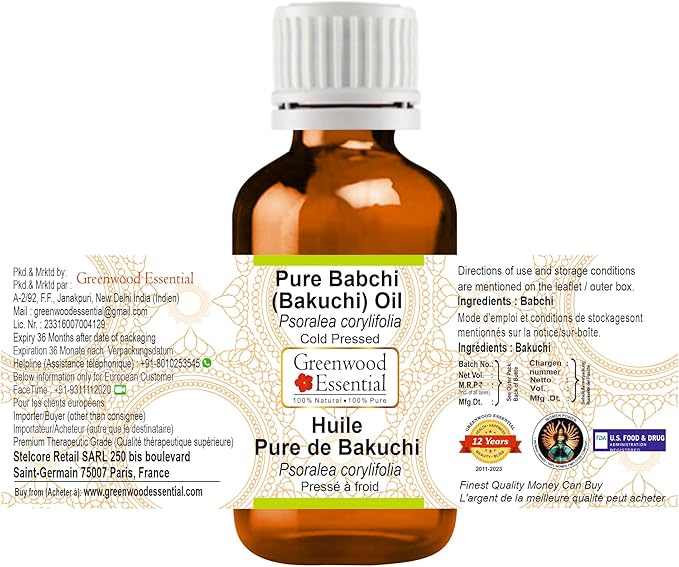 Greenwood Essential Babchi (Bakuchi) Oil (Psoralea corylifolia) | Cold Pressed | Natural | Undiluted | for Diluting Essential Oils | for Skin & Massage | Men & Women | 15ml (0.50 oz)