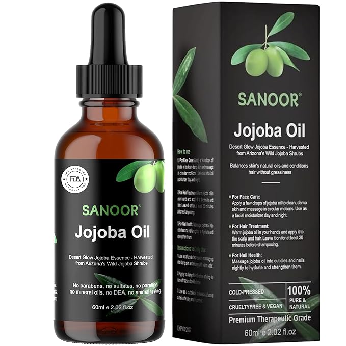 SANOOR Desert Organic Jojoba Oil | 100% Pure (2.02oz) | Cold-Pressed Moisturizer for Skin & Hair Care | Nutrient-Rich Pure Hair Butter | Hydrating Oil for Face, Body, and Scalp | 60ml