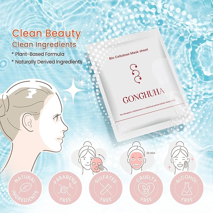Red Ginseng Bio Cellulose Face Mask - Deep Hydrating Sheet Mask with Honeysuckle & Cica - Soothing Korean Skincare for Glowing Skin - 5 Count Box