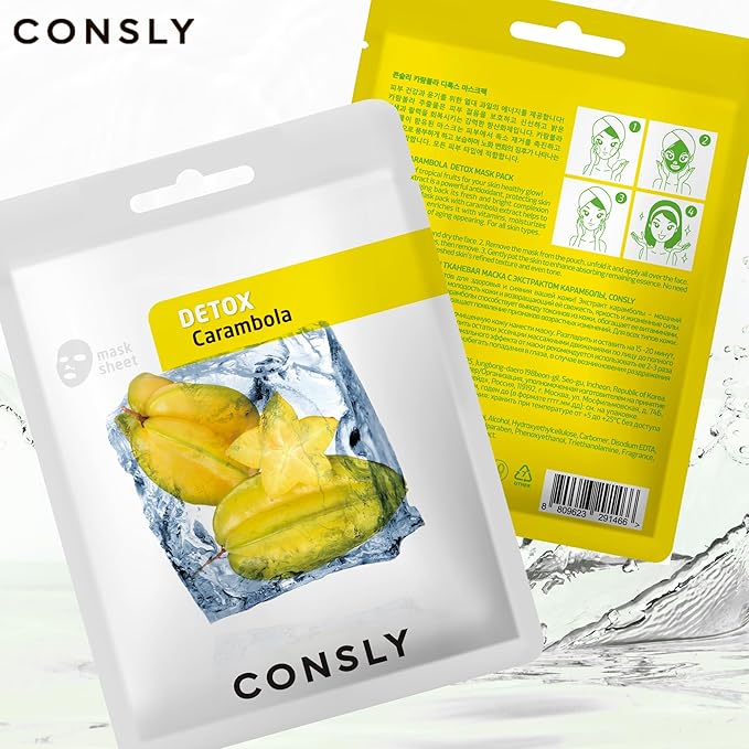 CONSLY_Carambola Detox Mask 10 Pack | Hydrating Korean Sheet Masks with Star Fruit Extract | Refreshing Self-Care for Healthy-Looking Skin | All Skin Types | 20ml Each