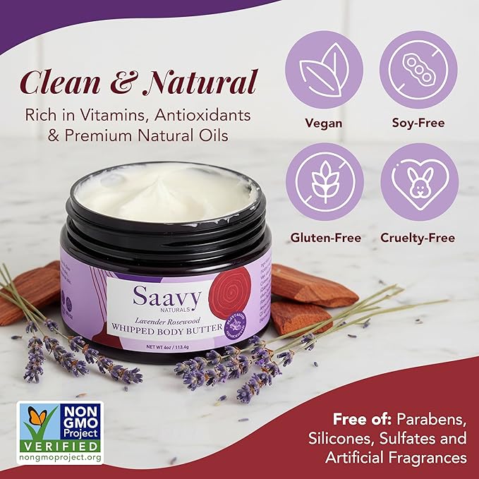 Saavy Naturals Whipped Body Butter - Made with Organic Shea Butter, Essential Body Care & Dry Skin Moisturizer for Women, Velvety Rich Cream Texture, Naturally Scented - Lavender Rosewood, 4 oz