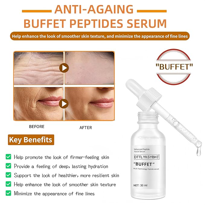 Buffet Multi-Technology Peptide Facial Serum, Peptide Serum Containing Hyaluronic Acid and Amino Acids, Suitable for Anti-aging, Firming Skin, Moisturizing, Polypeptide Facial Serum, 30ML/1FI OZ