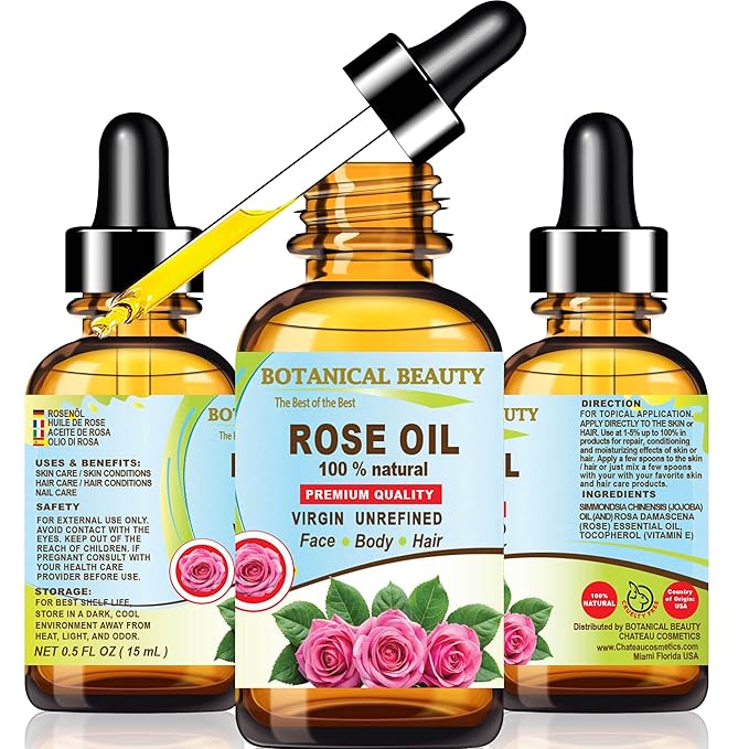 Botanical Beauty Rose Oil Rosa Damascena 100% Natural Rose Essential Oil for FACE, Skin, Body, Hair, Nails Beauty, Skin Moisturizer, Nourishing, Perfume, Soap Making (0.5 Fl oz - 15 ml)