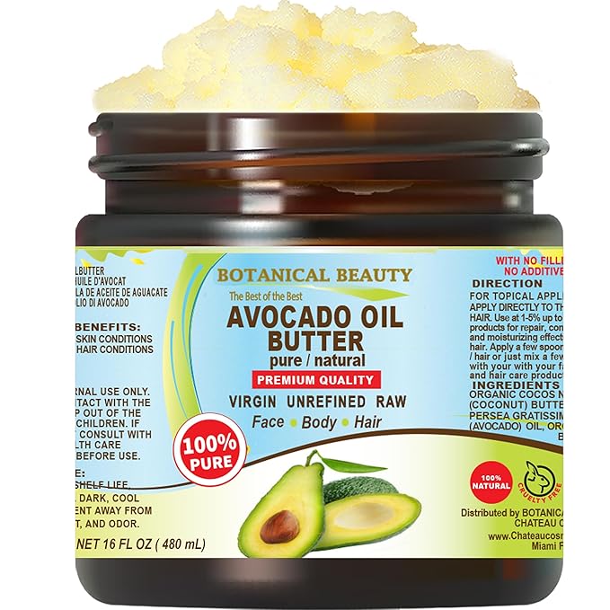 Botanical Beauty AVOCADO OIL BUTTER 100% Pure Natural VIRGIN UNREFINED Cold-Pressed for Face, Skin, Body, Hair, Lip, Nails. Rich in Vitamin E, Omega 3, Omega 6 (16 Fl Oz)