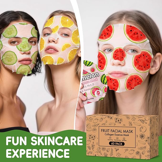 KONEUK 60 Pack Colorful Fruit Face Masks Skincare Set, Bulk Sheet Facial Mask for All Skin Types, Collagen Hydrating Face Mask for Women, Spa Party Gifts and Mothers Day Gifts (6 Types x 10 Pcs)