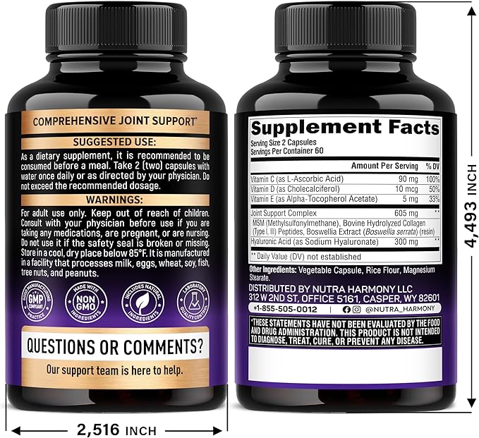 Hyaluronic Acid Supplements 1000 mg - Collagen | MSM | Boswellia | Vitamin D3, C & E - Hyaluronic Acid Capsules - Skin Hydratation & Joint Comfort Support - 7-in-1 Complex - Made in USA - 120 Capsules