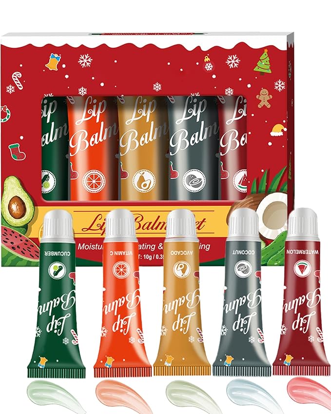 Moisturizing Lip Balm Gift Set,5 Pcs Hydrating Lip Oil Gloss for Dry Cracked Lips,Non-sticky Long Lasting Clear Jelly Yummy Tint Lipstain Fruit Flavoured Glow Lipcare Oil Christmas Women Makeup Gift