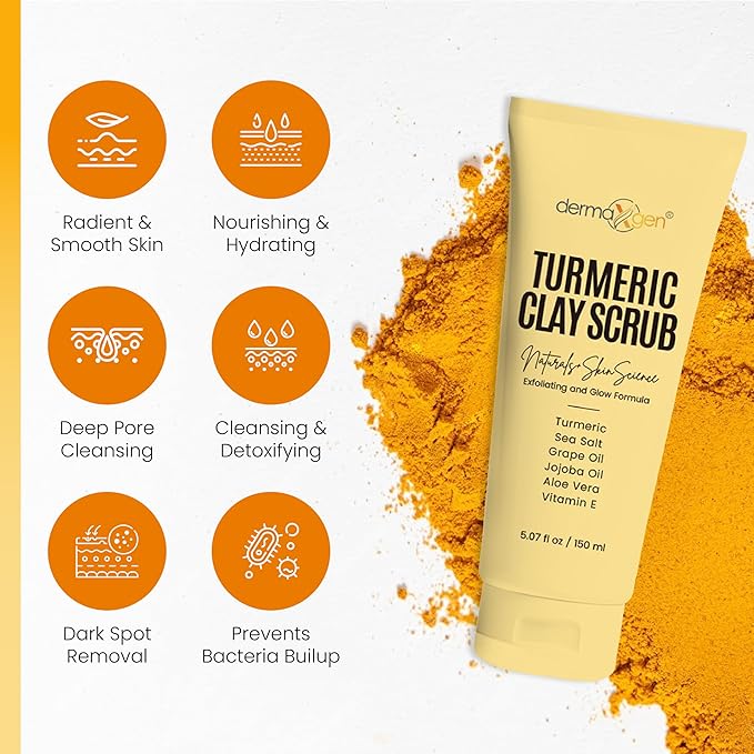 Turmeric Clay Scrub – Exfoliate, Brighten, and Refresh Your Skin with Turmeric. Achieve a Smooth, Radiant Complexion by Removing Dead Skin Cells and Impurities for a Natural Glow 5.07 Fl oz.