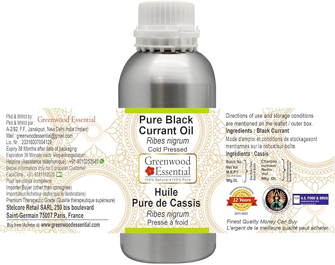 Greenwood Essential Pure Black Currant Oil (Ribes nigrum) Cold Pressed 300ml (10 oz)