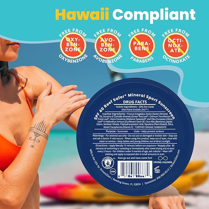 STREAM2SEA SPF40 Unscented Mineral Sport Sunscreen in Tin with EcoSafe Zinc for Face & Body, Natural Organic Biodegradable Coral Reef Safe Sunscreen, Travel Size, Mineral Based, 2 Pack