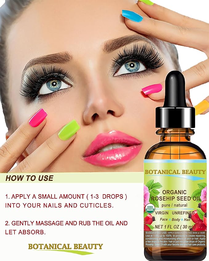 Botanical Beauty Organic ROSEHIP SEED OIL 100% Pure Natural Virgin Unrefined Cold-pressed Carrier Oil 2 Fl Oz 60 ml For Face, Skin, Body, Hair, Lip, Nails, Rich in vitamin C, Vitamin E, Anti-Aging