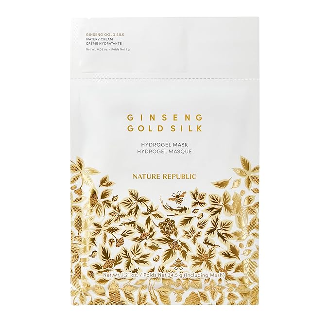 Nature Republic 2-Step Ginseng Gold Silk Hydrogel face Mask, Hydrating Overnight gold mask, Ginseng Niacinamide & Silk Amino Acid,Royal Jelly Extract, Korean Skin Care 34.5g x4ea