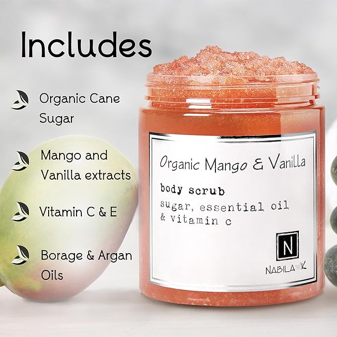 Organic Mango & Vanilla Body Scrub Made in USA with Essential Oil and Vitamin C by Nabila K - Exfoliate and Moisturize for Smooth Skin - Luxury for Women & Men, 3 oz