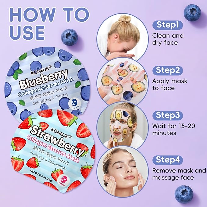 KONEUK 36 Pack Colorful Fruit Face Mask Set, Hydrating & Moisturizing, Bulk Sheet Facial Mask for All Skin Types, Collagen Face Masks Skincare for Women, Mothers Day Gifts and Spa Party Gifts