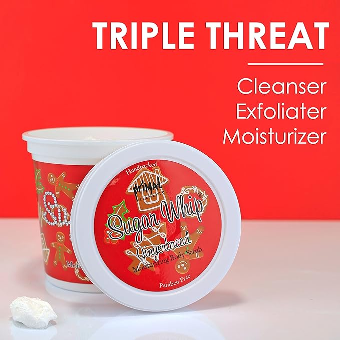 Primal Elements Sugar Scrub, Exfoliating Sugar Whip, Face and Body Cleanser, Moisturizer, Gingerbread, 10 oz Package