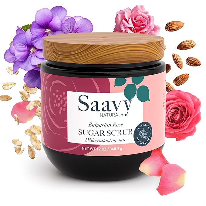 Saavy Naturals Body Scrub - Scented Sugar Rose Extract, Natural Body Scrub & Vegan Exfoliating with Vitamin E, Gentle for Sensitive Skin – Made in USA – Bulgarian Rose (1 Pack) - 12 oz