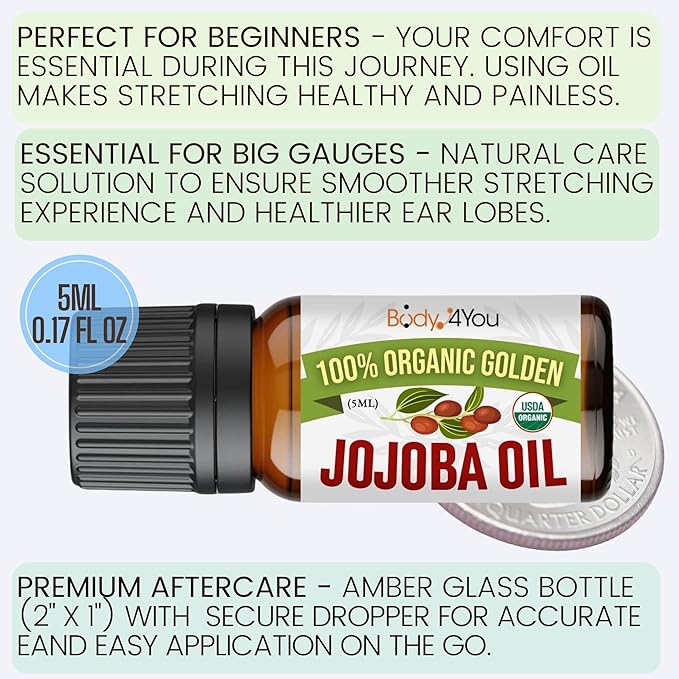 BodyJ4You Organic Jojoba Oil Piercing Aftercare - USDA 100% Pure Cold Pressed Ear Stretching Oil - Gauge Care Nose Septum Cartilage Tragus Navel - Natural Skin Recovery Moisturizer Vegan - 0.17 Fl Oz