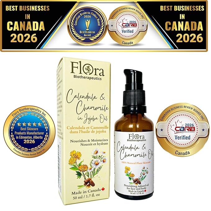 FLORA Organic Calendula & Chamomile Flowers Double Infused in Golden Jojoba Oil. 100% Plant Based & Unscented. 1.7fl oz. Gentle Soothing Oil for Sensitive Skin - for Face, Body, Hair - Made in Canada