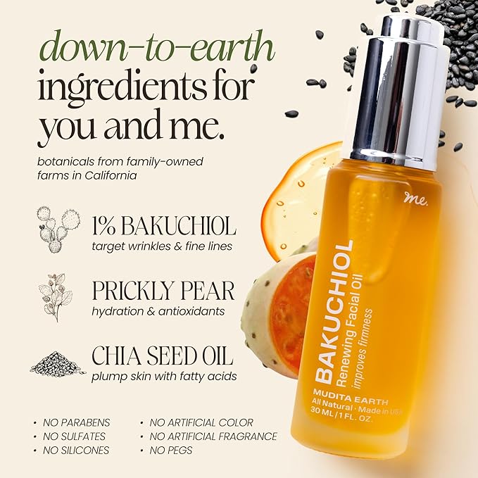 Mudita Earth Bakuchiol Face Oil – Retinol Alternative for Women | Chia Seed & Prickly Pear Serum for Gua Sha & Lymphatic Drainage | Plant-Based Oil for Scar Heal, Healthy-Aging for Oily Skin - 1 fl oz