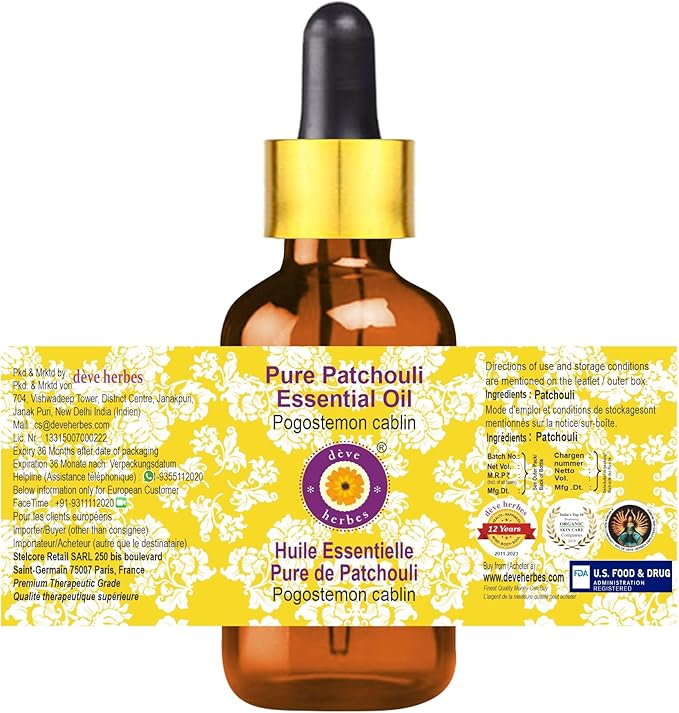 Deve Herbes Pure Patchouli Essential Oil (Pogostemon cablin) with Glass Dropper Steam Distilled 30ml (1 oz)