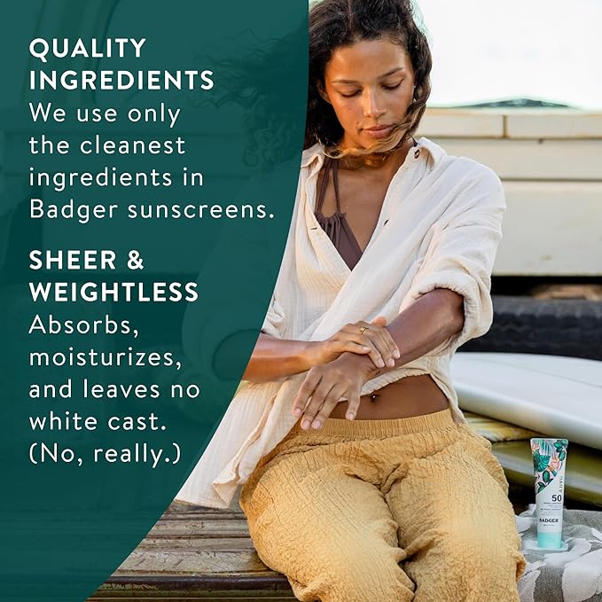 Badger SPF 50 Daily Mineral Sunscreen with Zinc Oxide, 85% Organic, Lightweight & Easy to Apply, No White Cast, Moisturizing, Reef Safe, Vegan, Unscented, 4 fl oz, 2 Pack