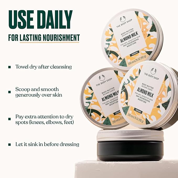 The Body Shop Almond Milk Body Butter, 96H Nourishing Moisture, For Dry, Sensitive Skin, Vegan | 200 mL / 6.75 Oz (192g)
