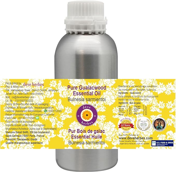 Deve Herbes Pure Guaiacwood Essential Oil (Bulnesia sarmientoi) with Glass Dropper Steam Distilled 10ml (0.33 oz)