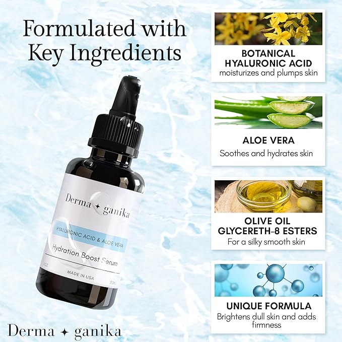 Derma ganika Hyaluronic Acid Serum for Face & Neck - Made in USA Ultra-Hydrating Anti-Aging Serum with Aloe Vera | Softens, Smooths, and Brightens Dry & Sensitive Skin