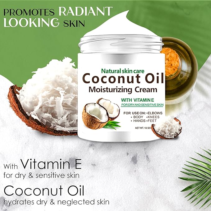3 Packs x 300 ml Coconut Oil Moisturizing Cream 3-Pack, Lightweight Lotion for Face Body Hands, Fast-Absorbing Non-Greasy Daily Care