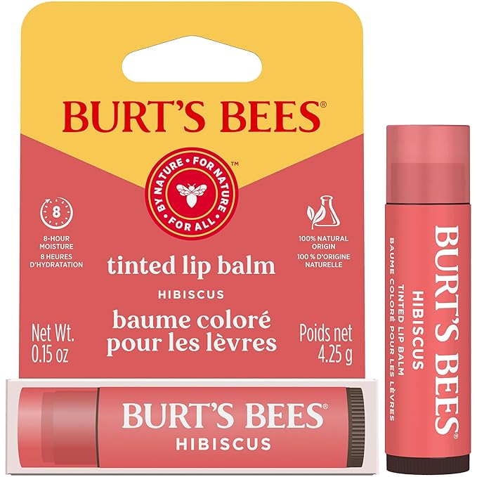 Burt's Bees Lip Tint Balm, Long Lasting 2 in 1 Duo Tinted Balm Formula, Color Infused with Hydrating Shea Butter for a Natural Looking Buildable Finish, Hibiscus, 1 Tube (Pack of 2)