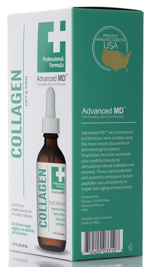 Advanced MD Collagen Face Serum Moisturizer For Wrinkles & Fine Lines Professional Formula To Lift & Firm By Targeting Lost Skin Elasticity. Soy Extract, Antioxidants, Peptides, 1.75 Fl Oz