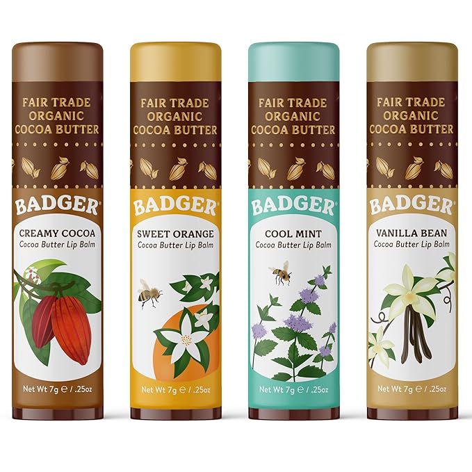 Badger Cocoa Butter Lip Balm Set, 100% Organic, Long Lasting Lip Moisturizers, Lip Care Variety Pack (Cocoa, Orange, Mint & Vanilla), All Natural Lip Balms, 4-pack