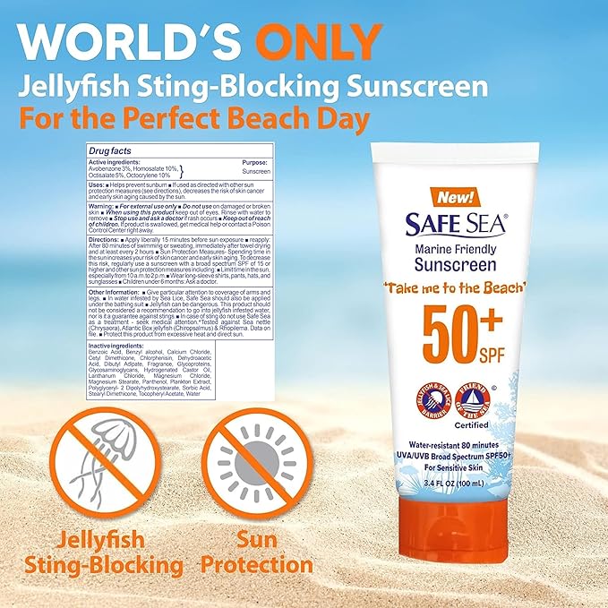 Safe Sea Anti-Jellyfish Sting Protective Lotion - Sunscreen - Sunblock - Sea Lice - Jelly Fish - 50SPF Adults (Tube 3.4 oz 3 pack)