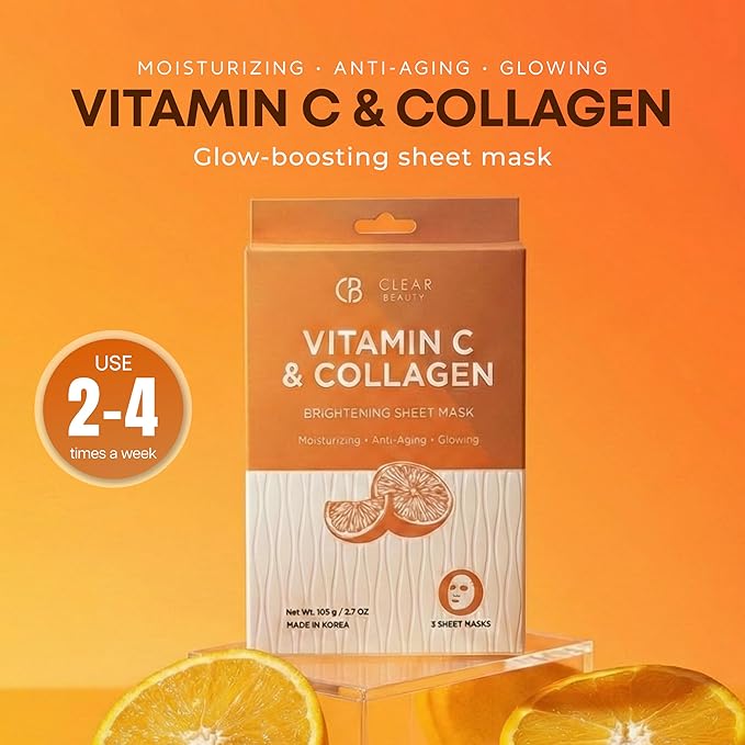 Clear Beauty Vitamin C & Collagen Face Mask – Hydrating & Firming Sheet Masks For Dry, Dull, Aging Skin – Dermatologist Tested, Anti-Aging, Korean Skin Care – Cruelty-Free Clean Beauty – 5 Count