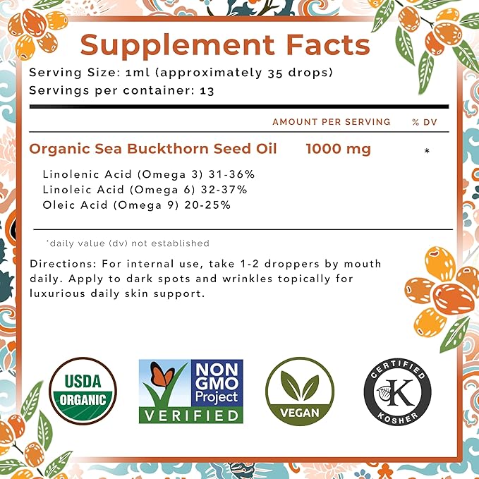 SEABUCKWONDERS Organic Sea Buckthorn Seed Oil, 0.45 Fl Oz, 13 Servings, with Omega 3, 6 & 9, Can Be Used Topically & Orally, Supports Hair, Skin & Nail Health