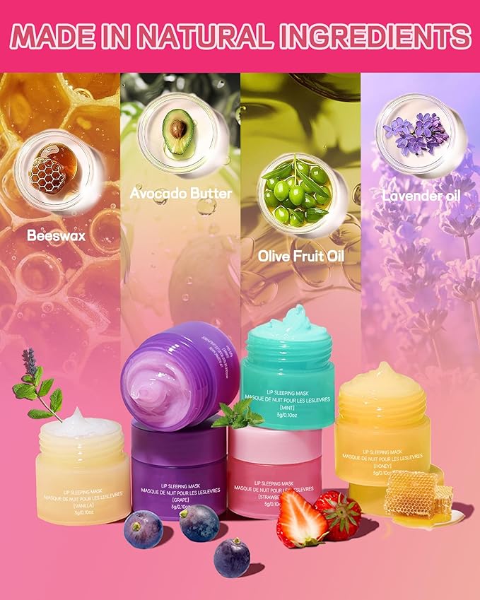 Lip Sleeping Mask Set-5 Pcs Lip Balm Hydrating Lip Mask Overnight Lip Treatment Care for Dry Cracked Lips,Day &Night Moisturize &Nourish Korean Lip Gloss Women to Improve Lip Color With Shea Butter