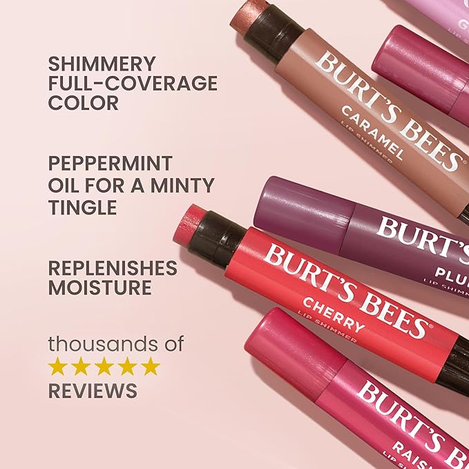 Burt's Bees Shimmer Lip Tint Set, Tinted Lip Balm Stick, Moisturizing for All Day Hydration with Natural Origin Glowy Pigmented Finish & Buildable Color, Peony (4-Pack)
