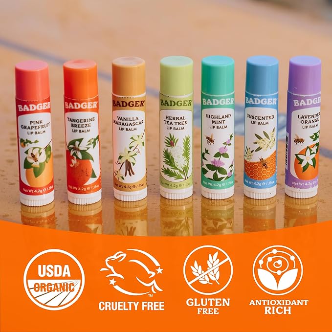 Badger Tangerine Breeze Classic Lip Balm, 100% Organic Lip Balm, Long Lasting Lip Care w/Light Silky Texture, Bright & Cheerful Lip Balm for Kids & Adults, 4 Pack
