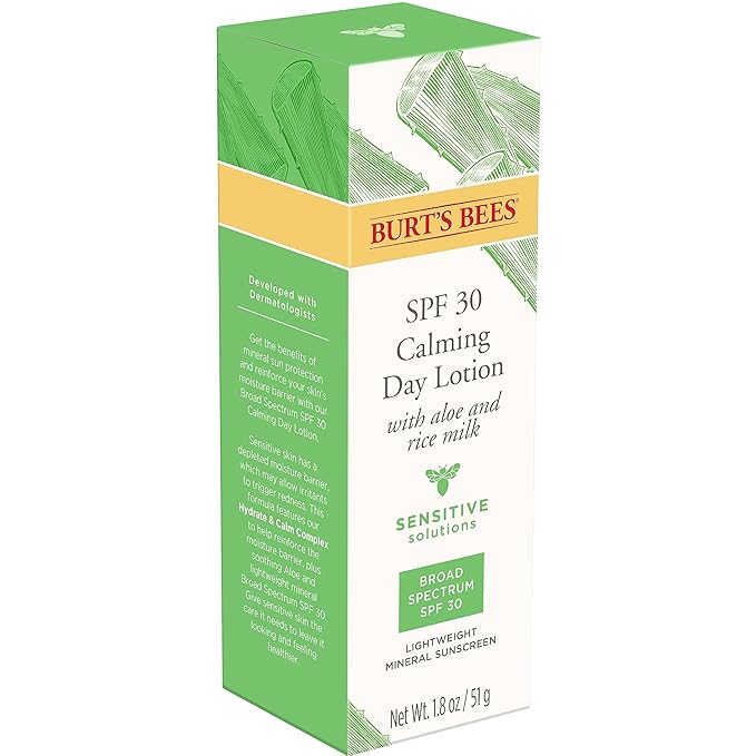 Burts Bees Sensitive Solutions SPF 30 Calming Day Lotion with Aloe and Rice Milk, Broad Spectrum SPF 30, Lightweight Mineral Sunscreen, 99.4% Natural Origin, 1.8 Fluid Ounces