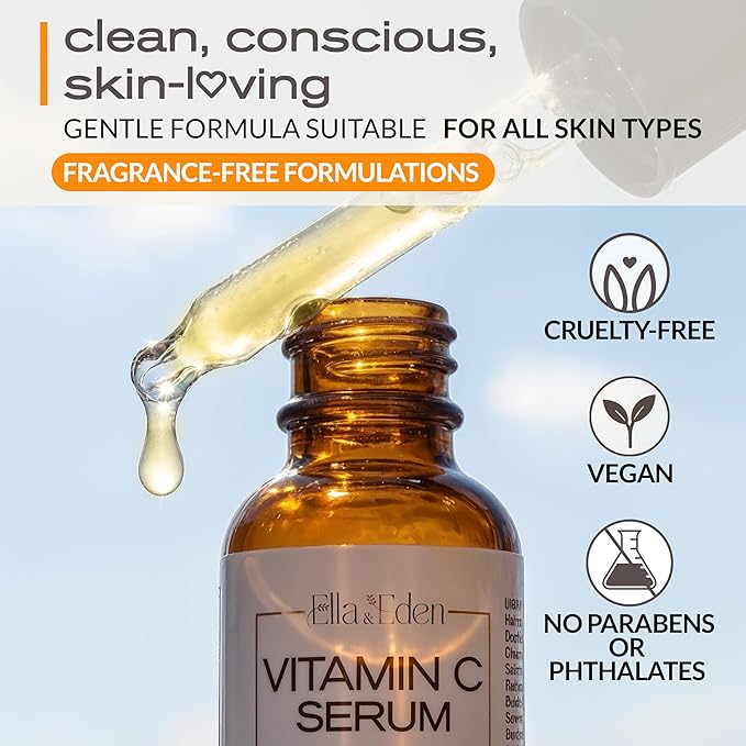 Ella & Eden Vitamin C Serum for Face - Hyaluronic Acid, Aloe Vera, Vitamin E, CoQ10 - Anti-aging, Skin Brightening - Paraben-Free, Fragrance-Free, Suitable for All Skin Types - 1 Fl Oz