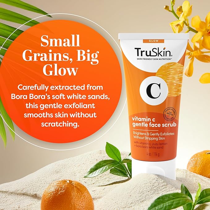 TruSkin Vitamin C Face Scrub & Face Exfoliator - Brightening Facial Scrub with Bora Bora White Sand & Yuzu Lemon - Smooths Texture and Reveals Softer-Looking Skin, 4 fl oz