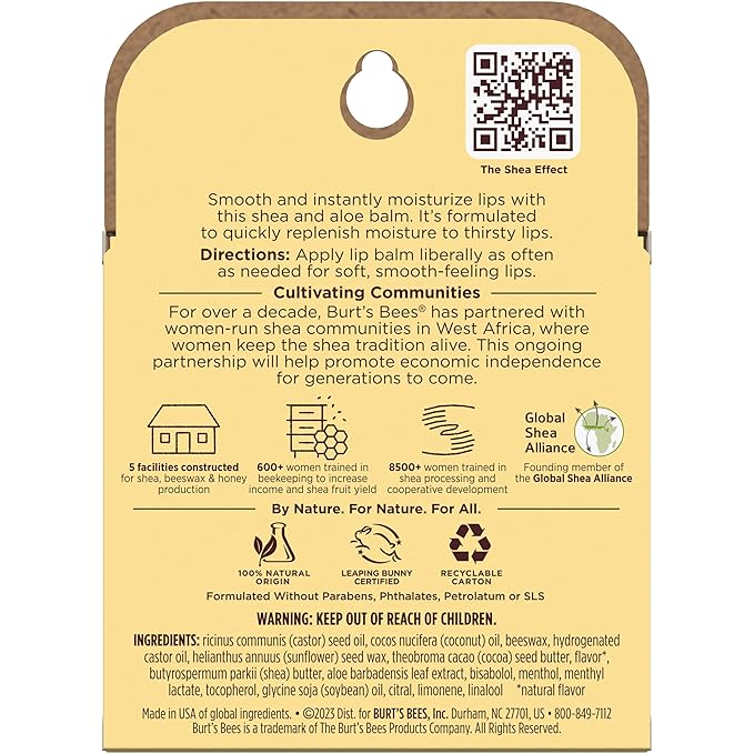 Burt's Bees Shea and Aloe Moisturizing Lip Balm, Lip Moisturizer With Responsibly Sourced Beeswax, Tint-Free, Natural Origin Conditioning Treatment, 4 Tubes, 0.15 oz.