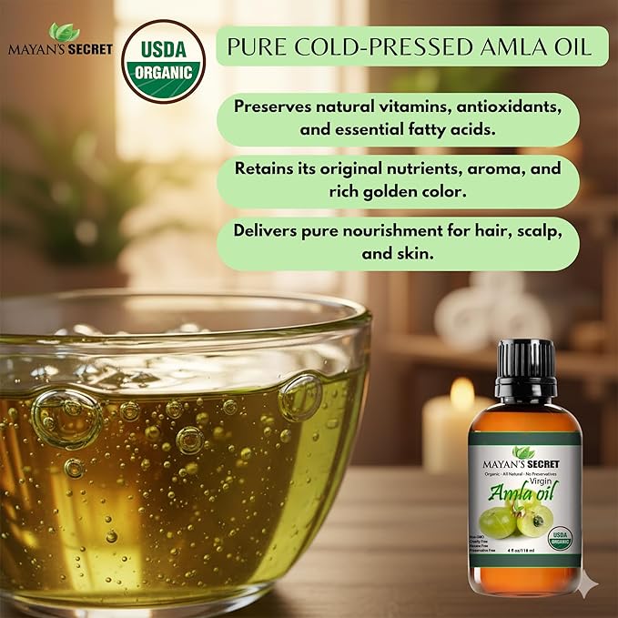 Mayan’s Secret Organic Amla Oil for Hair & Scalp – Cold Pressed Indian Gooseberry Oil, USDA Certified Organic, Unrefined, Natural Conditioning Oil for Shine & Moisture – 4 oz Amber Glass Bottle