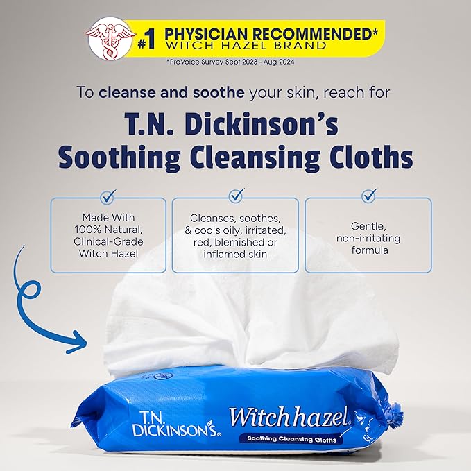 T.N. Dickinson's Witch Hazel Soothing Cleansing Cloths | Removes Dirt, Oil, Impurities | For Oily, Irritated, Red, Damaged, Blemished, Sensitive Skin | 25 Total Wipes