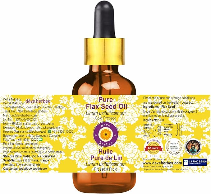 dève herbes Flax Seed Oil (Linum usitatissimum) with Glass Dropper | Cold Pressed | Pure | Natural | for Diluting Essential Oils | Skin & Massage | Non-Sticky | Lightweight | Unisex | 15ml (0.50 oz)