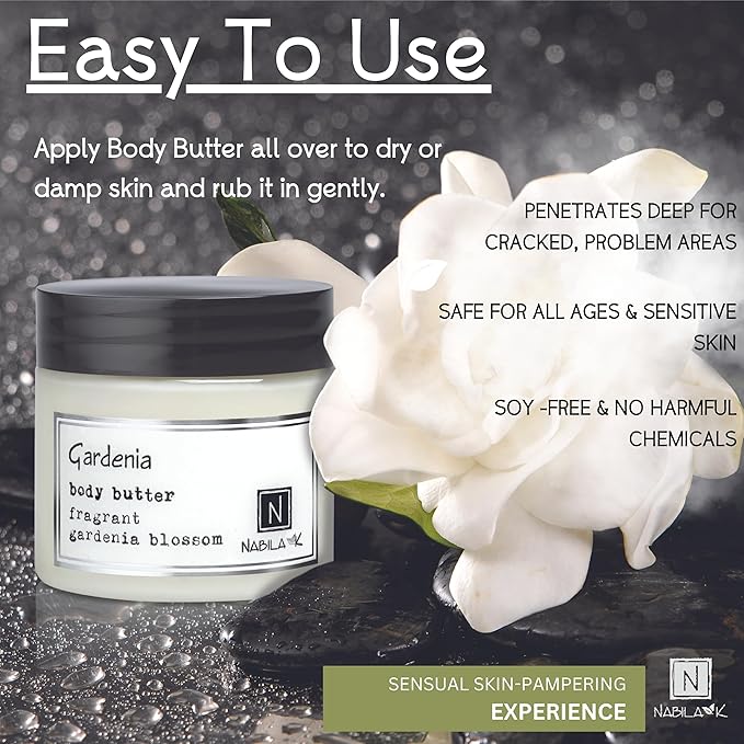 Nabila K Body Butter - Daily Moisturizer for Body Care - Skin Hydrating Deep Moisturizing - Natural Ingredients - Gardenia - 2 oz