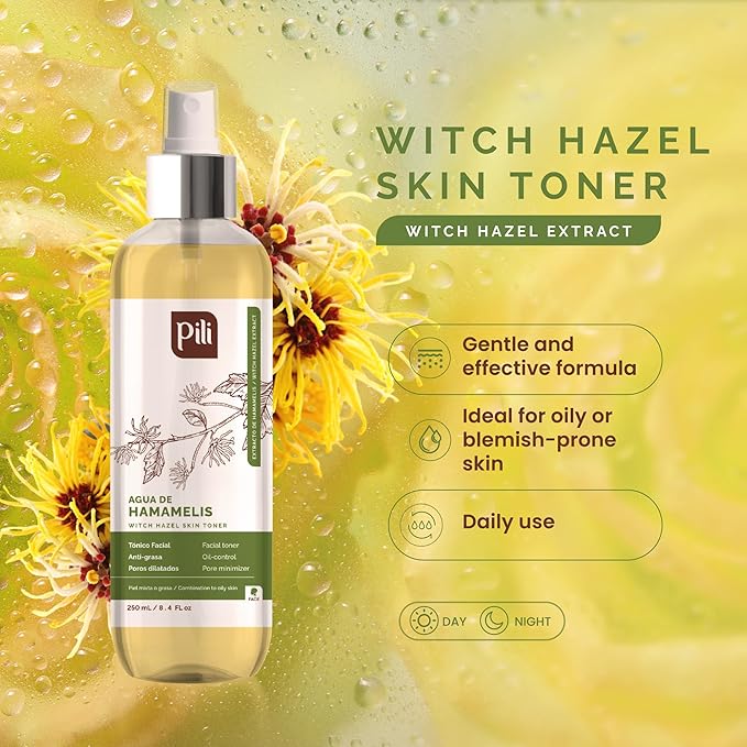 PILI Witch Hazel Facial Toner. Control Excess Oil & Shine. Natural Astringent & Facial Toner. Moisturizer for Acne Prone Skin with Refreshing Witch Hazel, Hamamelis Virginiana. 8.4 oz