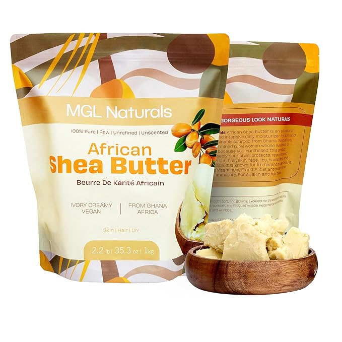 MGL Naturals Raw African Shea Butter Ivory 2.2 lb, 100% Pure, and Unrefined. Nourish and moisturize hair and skin. Use alone or DIY recipes. From Ghana, West Africa. (2.2 lb | 36 oz | 1 kg)